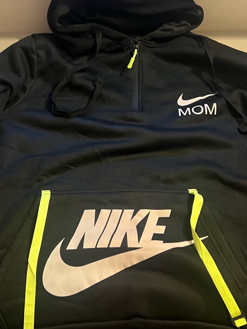 Mom Hoodie with Neon Yellow Accents, White Logos and two sleeve pockets